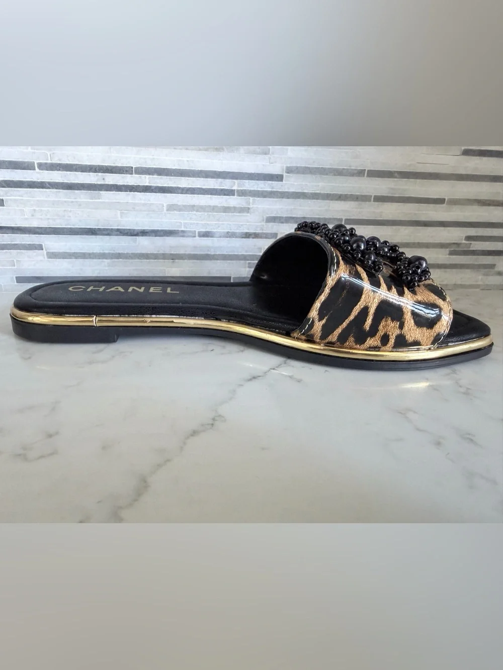 CHANEL Leopard Beaded Slide Mules in Black & Brown size 6